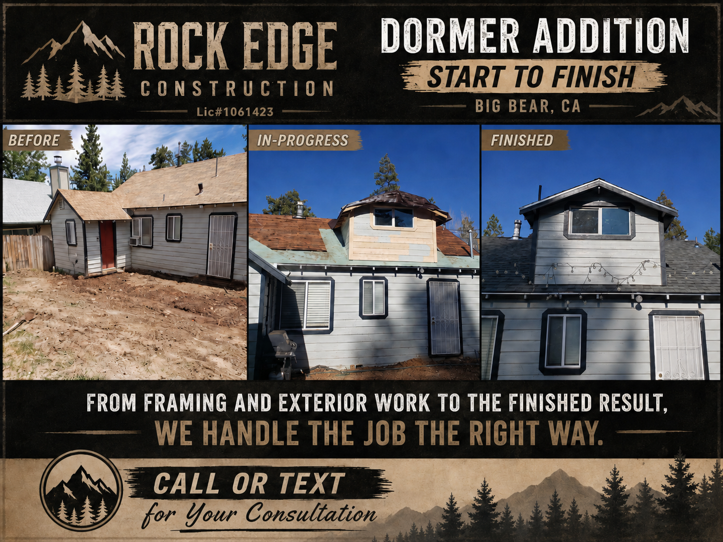 Rock Edge Construction dormer addition shown from before through its finished result